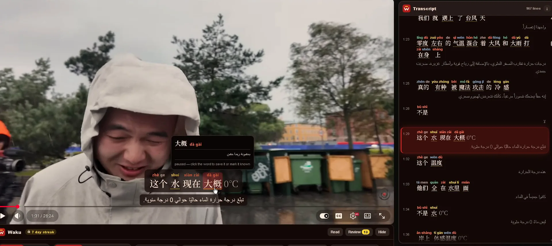 A YouTube video with Waku: Chinese subtitles with coloured pinyin above each word, an Arabic translation below, a word card open over the video, and the full transcript beside it.